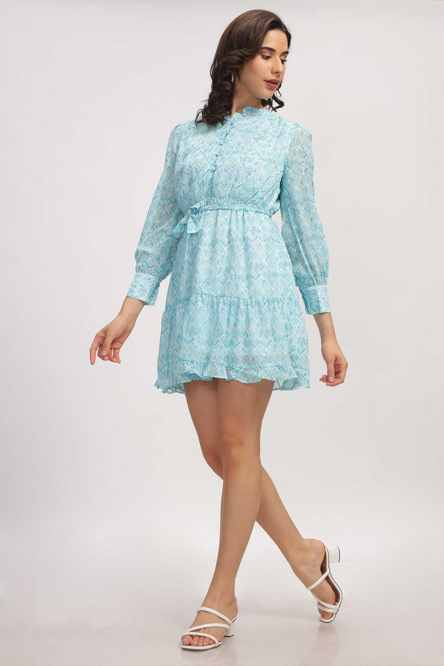 Georgette Abstract Mini Dress - Aqua Blue