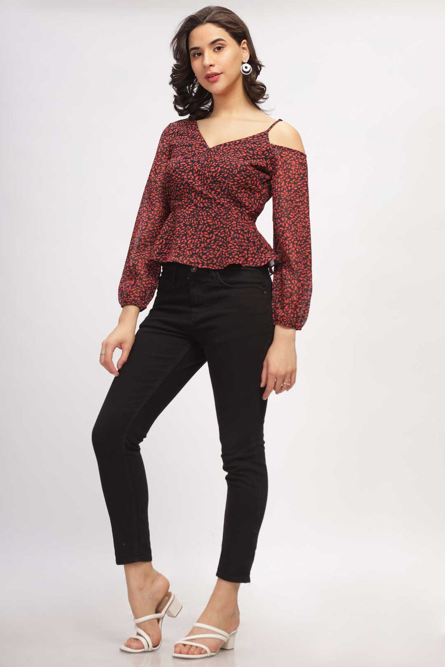 Cold Shoulder Peplum Top with Bishop Sleeves - Red & Black
