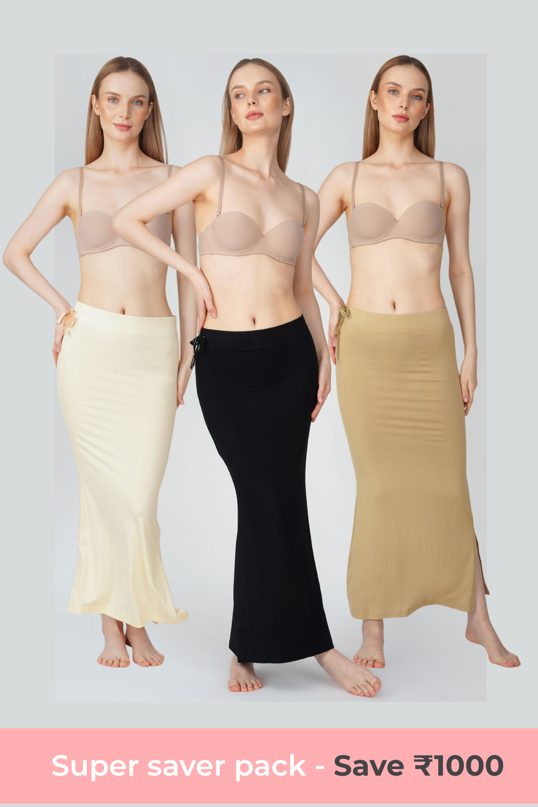 3 Piece - Essentials Pack (Black, Skin, half white) - Everyday Saree shapewear