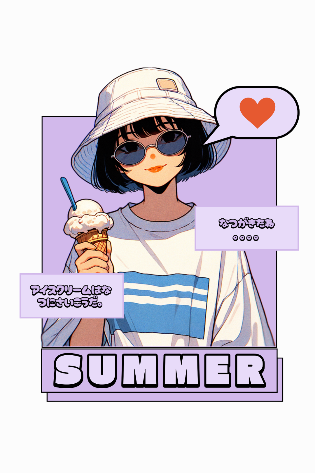 Relaxed Fit Cotton Tshirt - Lilac - Hat Girl with Icecream Summer