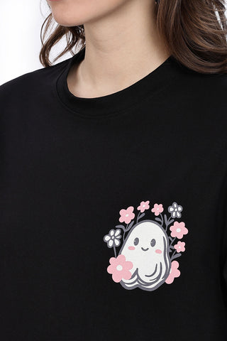 Cotton oversized Tshirt jet black - Boo with flowers