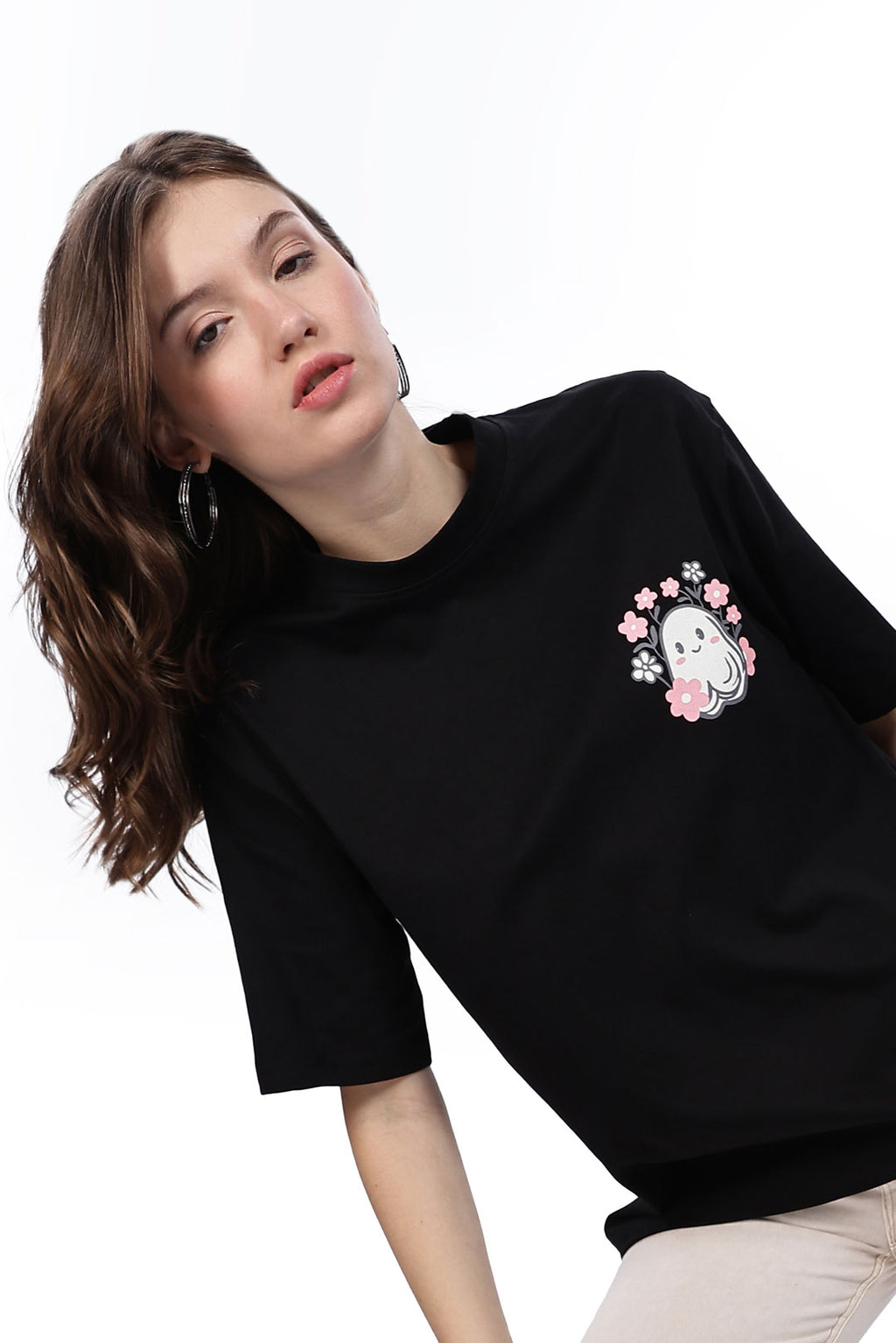 Cotton oversized Tshirt jet black - Boo with flowers – Bluberyl