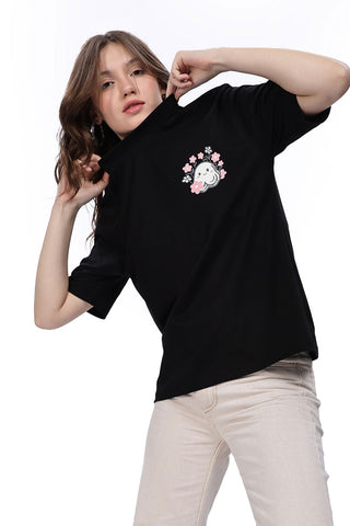 Cotton oversized Tshirt jet black - Boo with flowers