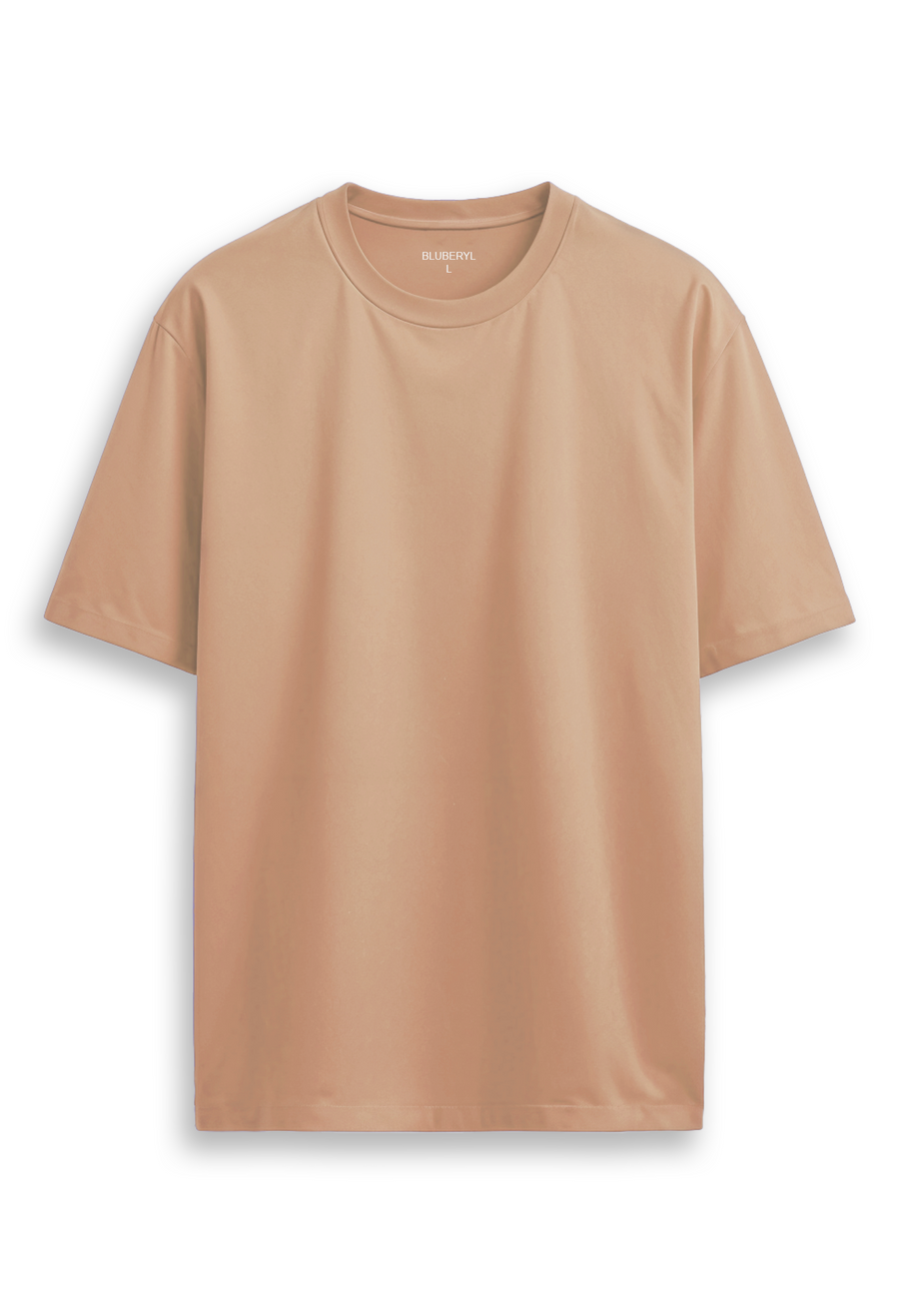 Oversized combed cotton solid Tshirt - Biscoff