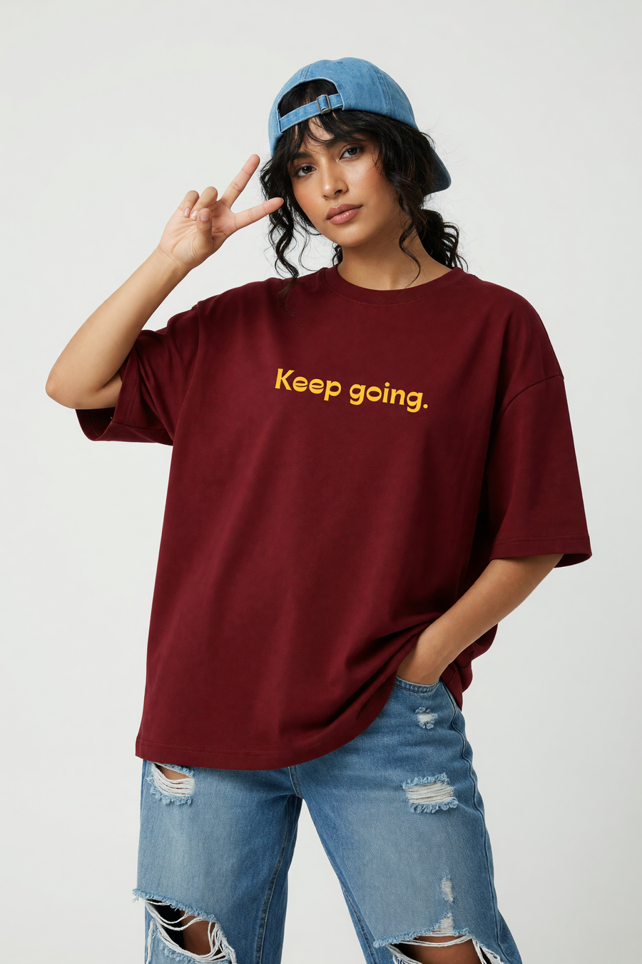 Cotton Oversized Tshirt - Maroon - KEEP GOING