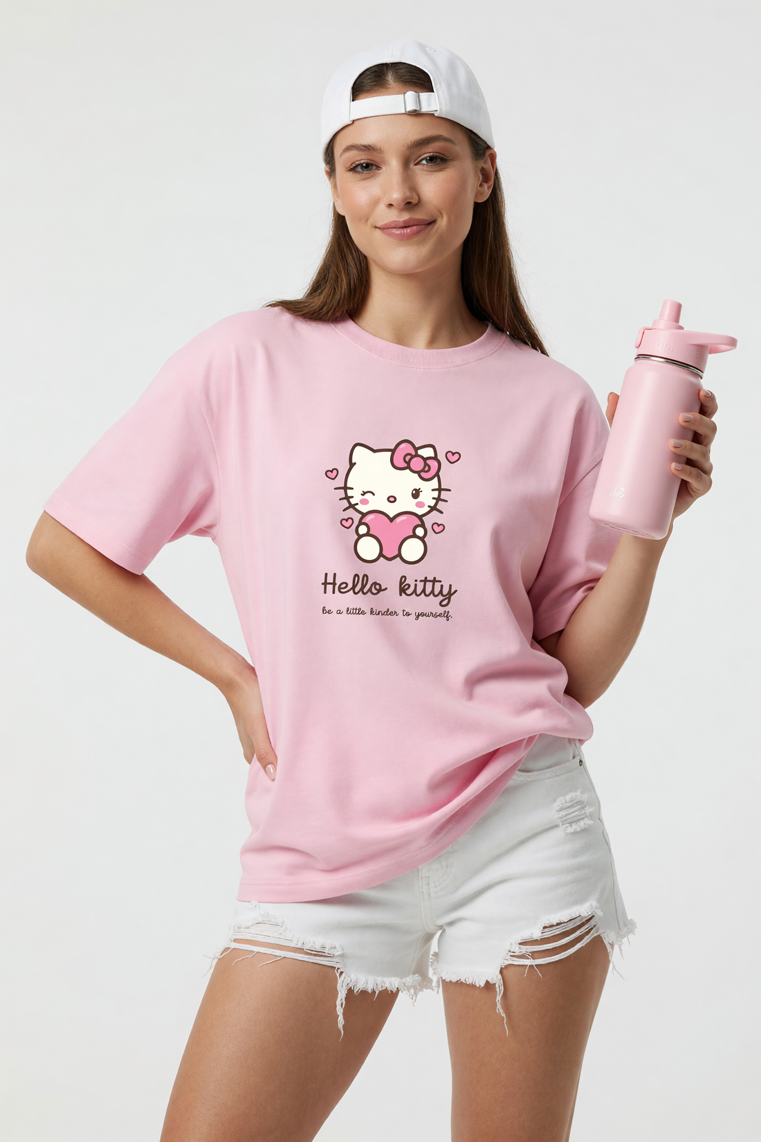 Cotton Oversized Tshirt - Baby Pink - HELLO KITTY BE A LITTLE KINDER