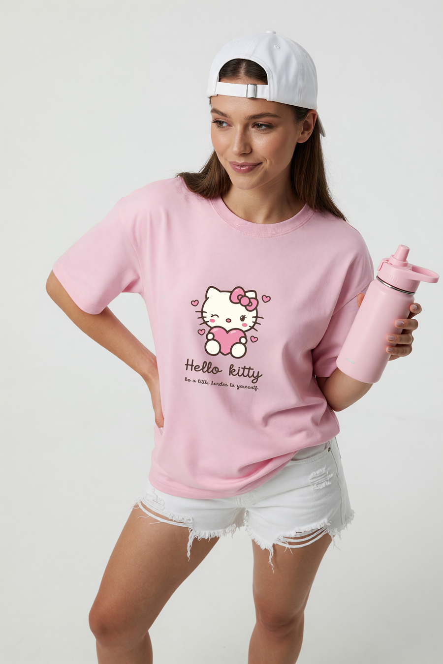 Cotton Oversized Tshirt - Baby Pink - HELLO KITTY BE A LITTLE KINDER